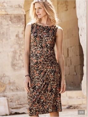 Peruvian Connection Chavin Aztec Ruched Midi Dress MED Faux Wrap Boho Chic